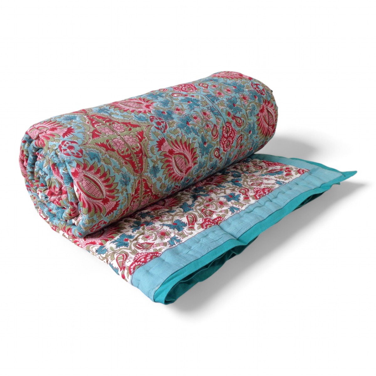 Handmade Block Printed Cotton Queen Quilt Bird Of Paradise Jade 906784