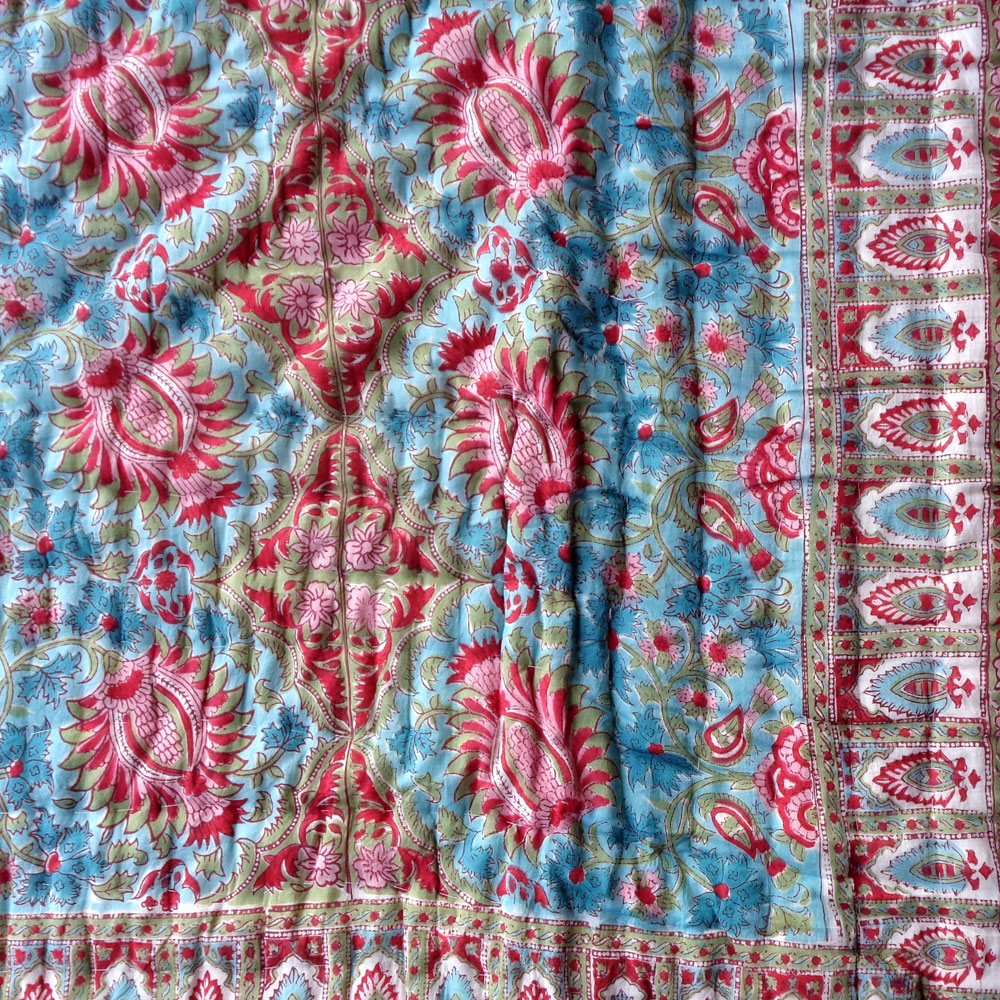 Handmade Block Printed Cotton Queen Quilt Bird Of Paradise Jade 906784