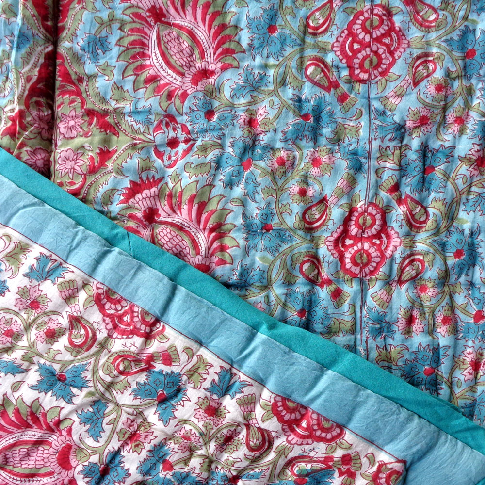 Handmade Block Printed Cotton Queen Quilt Bird Of Paradise Jade 906784