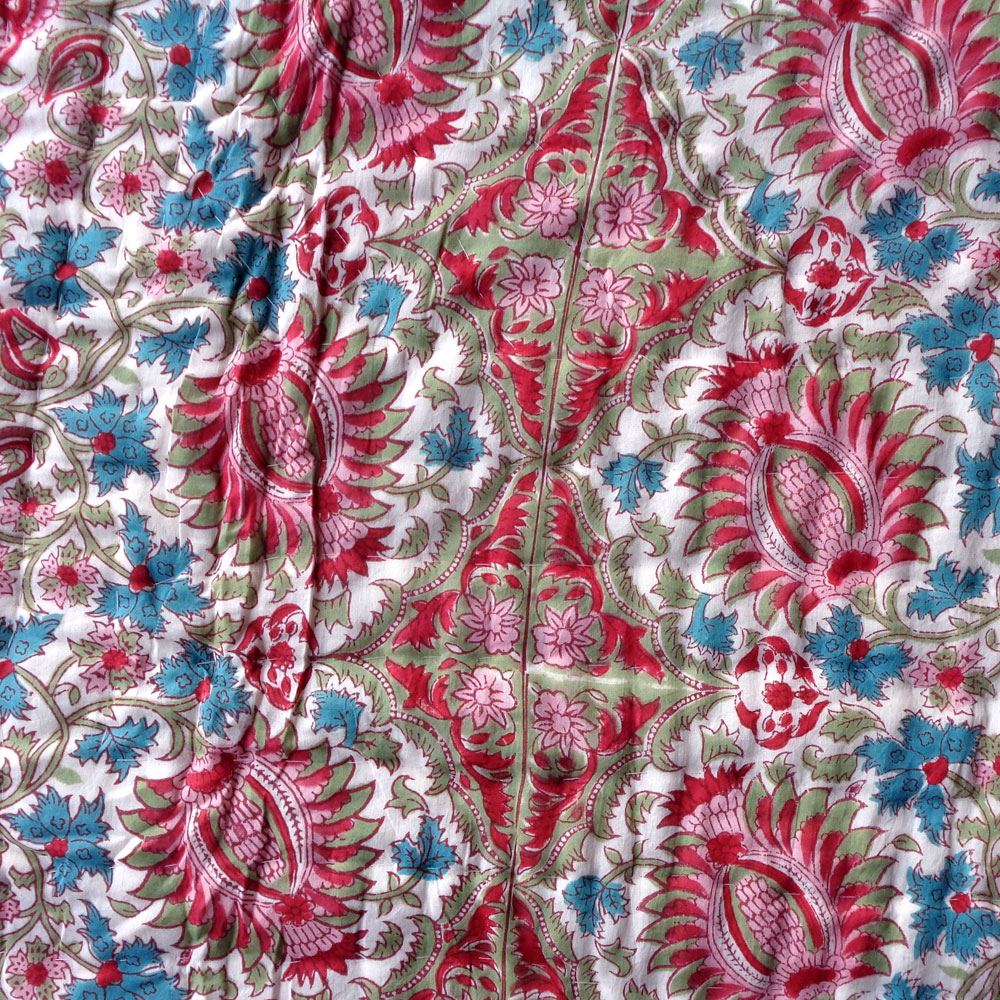 Handmade Block Printed Cotton Queen Quilt Bird Of Paradise Jade 906784