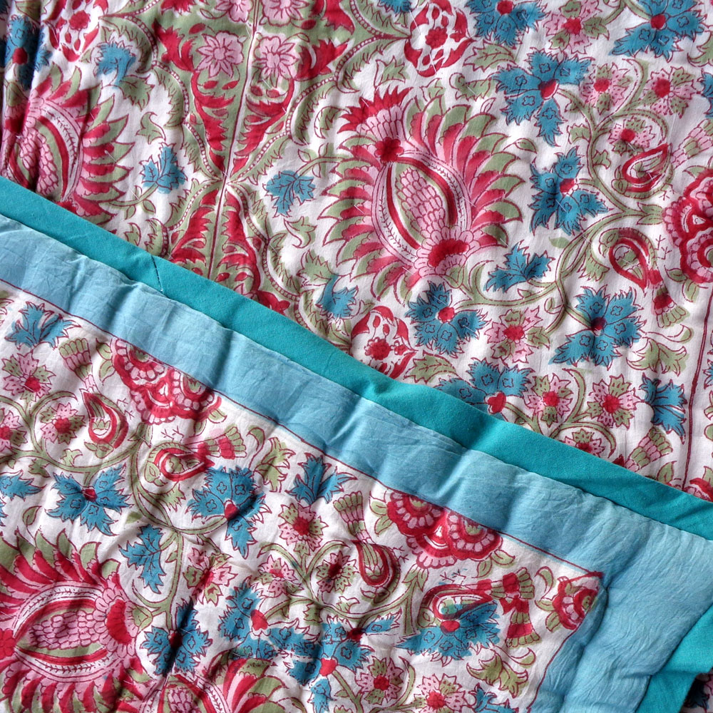 Handmade Block Printed Cotton Queen Quilt Bird Of Paradise Jade 906784