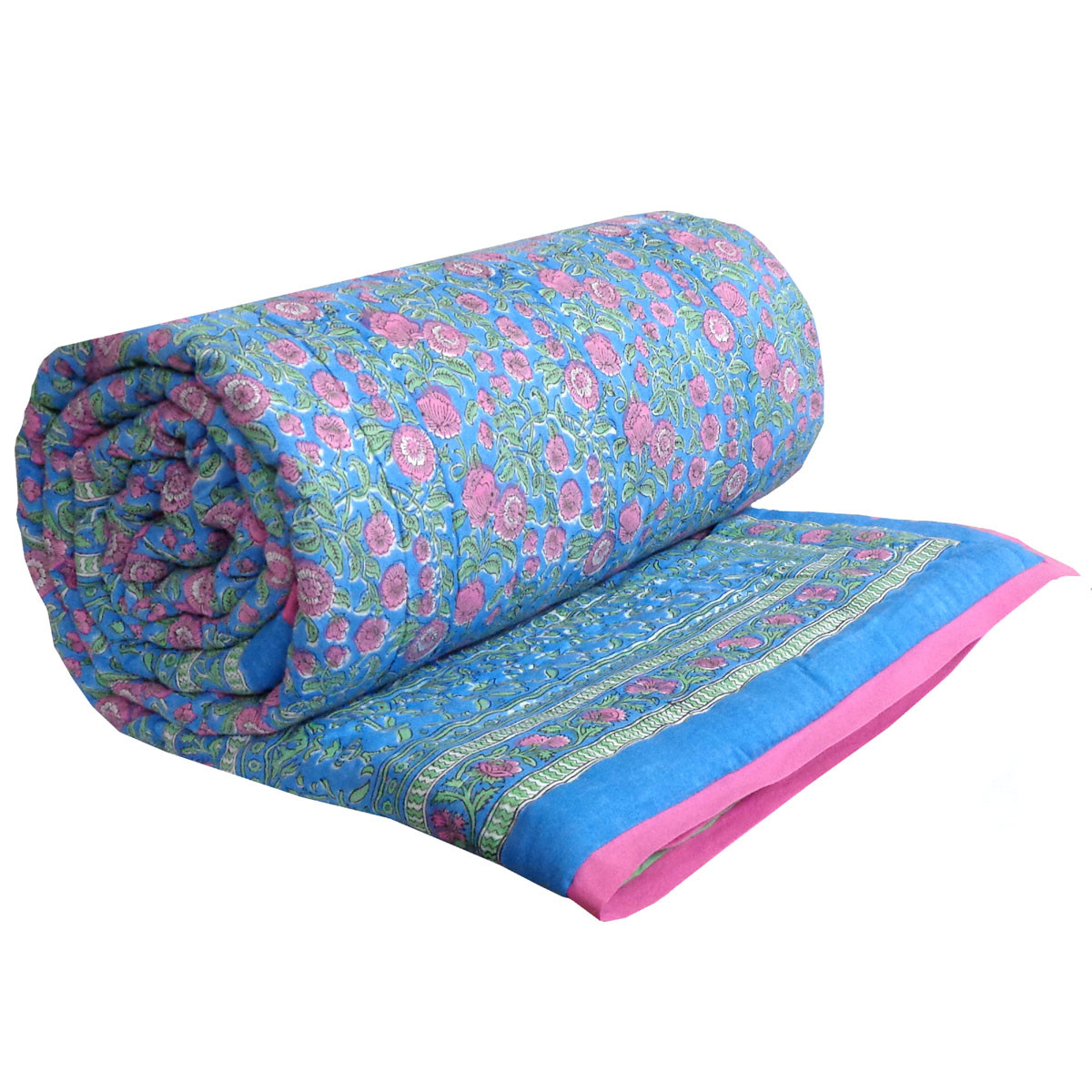 Hand Block Printed Cotton Queen Size Quilt Blue Pink Blossom 701397