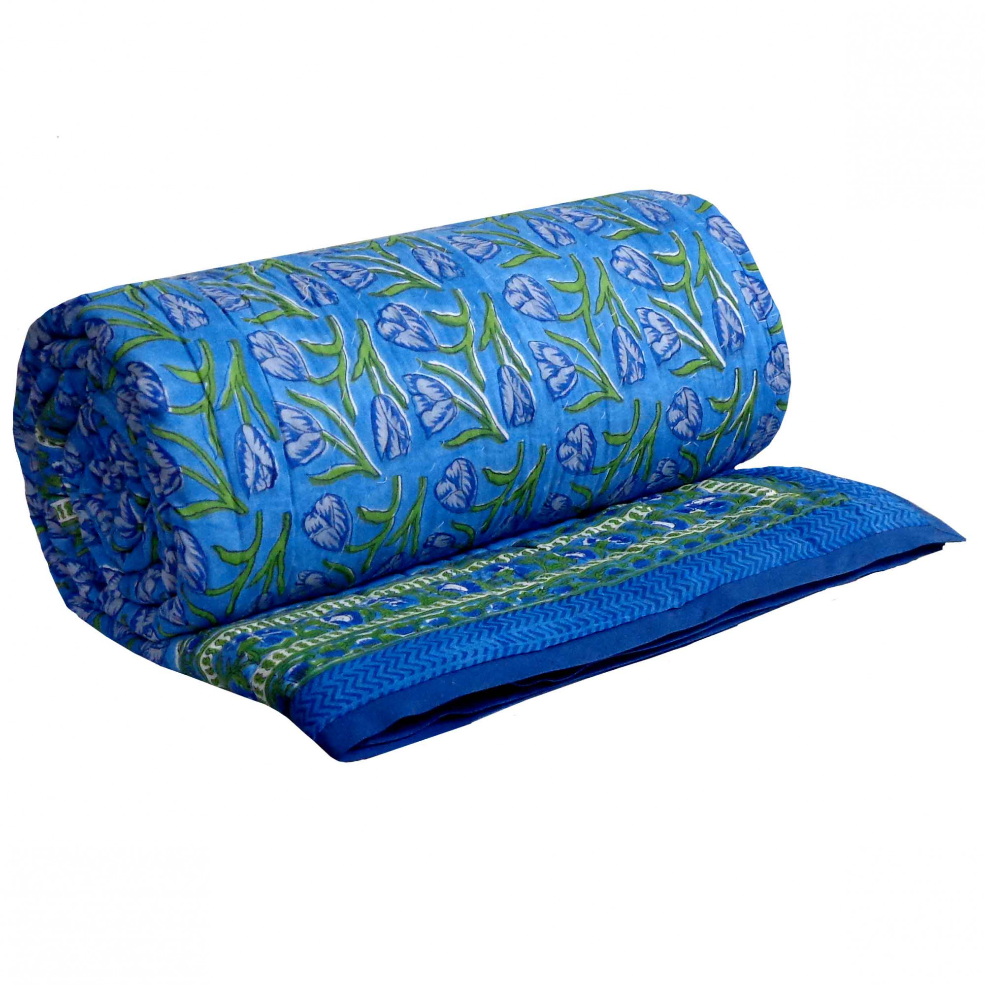 Hand Block Printed Cotton Queen Size Quilt Blue Tulip 601675