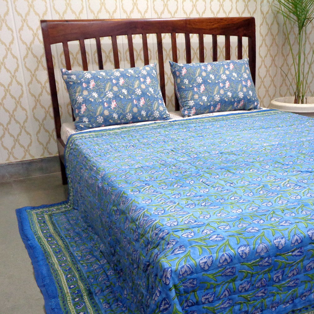 Hand Block Printed Cotton Quilt King Size  Blue Tulip 601675
