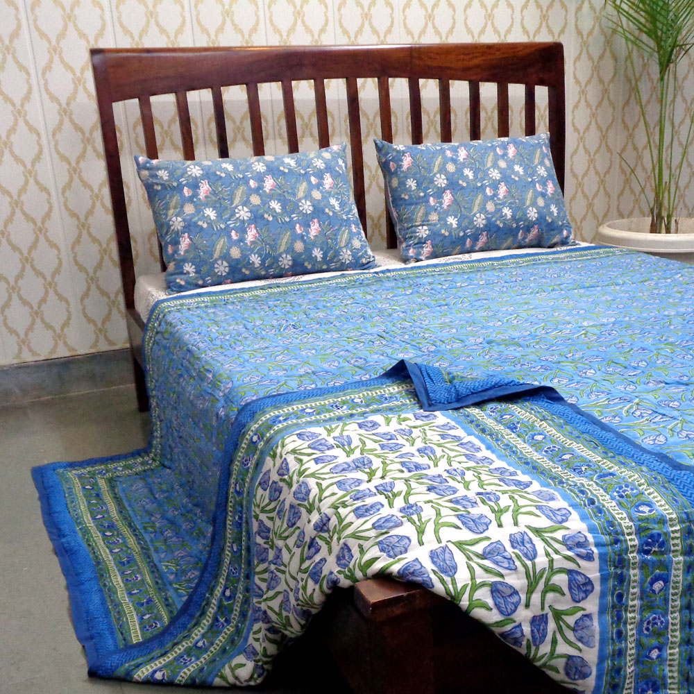 Hand Block Printed Cotton Quilt King Size  Blue Tulip 601675