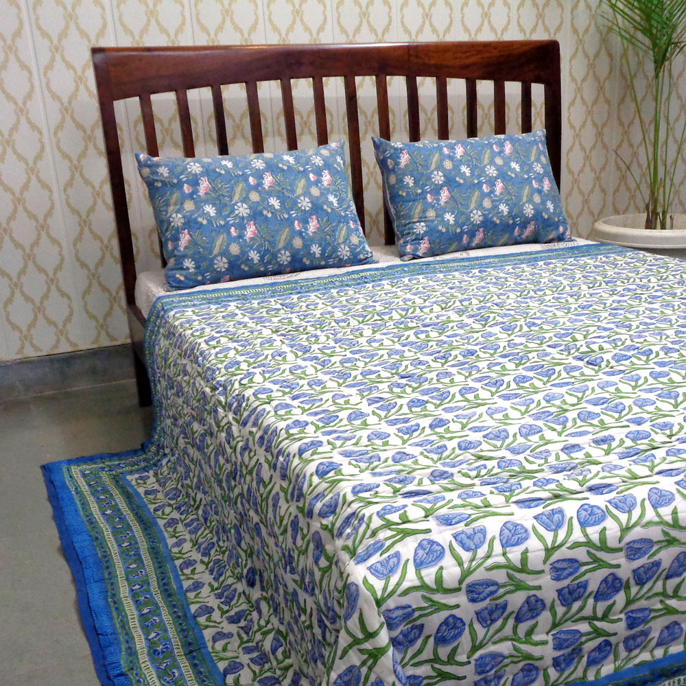 Hand Block Printed Cotton Quilt King Size  Blue Tulip 601675