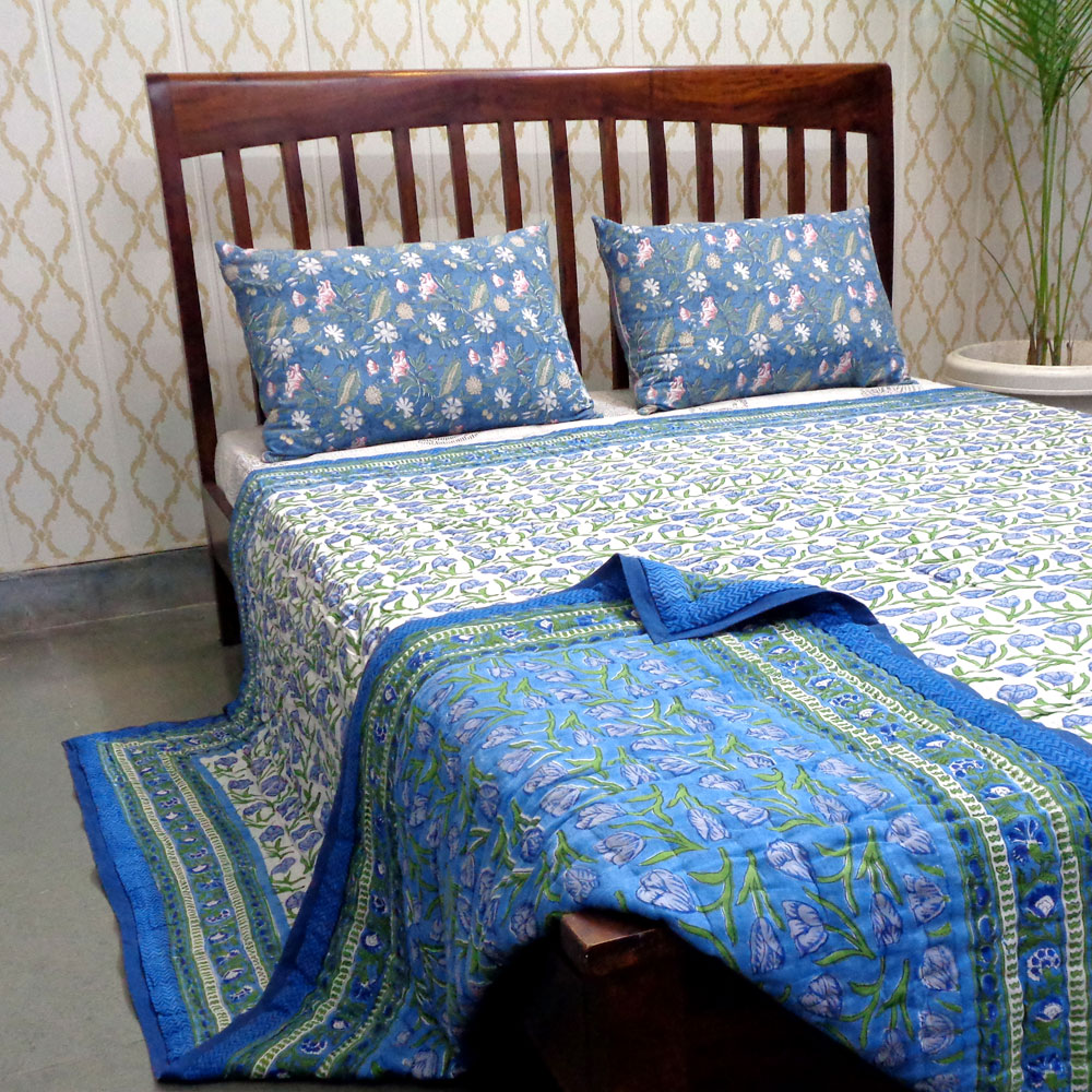 Hand Block Printed Cotton Quilt King Size  Blue Tulip 601675