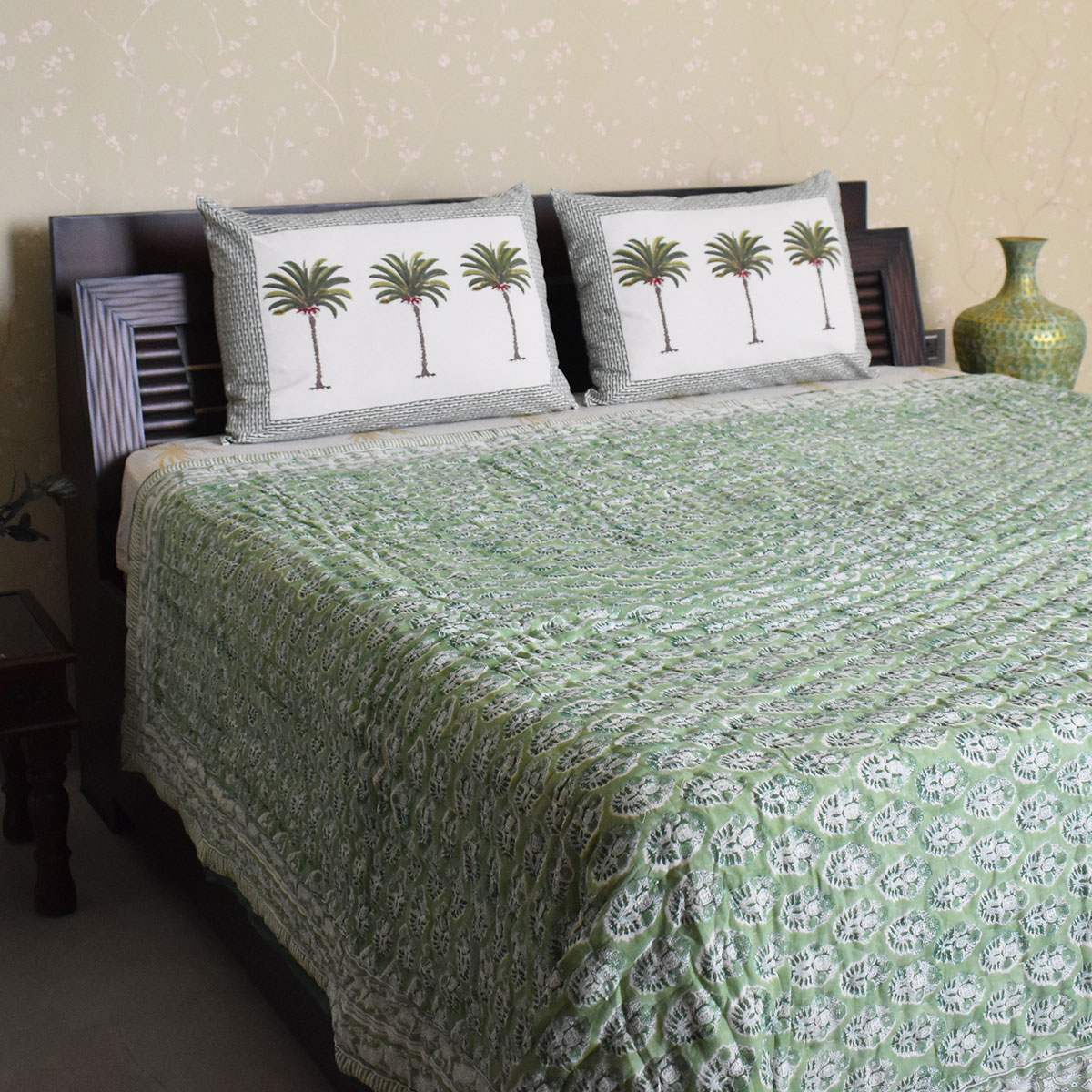 Hand Block Printed Cotton Queen Size Quilt  Boota Celadon Green Gud 100673