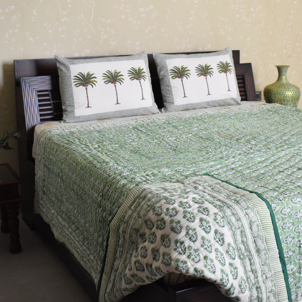 Hand Block Printed Cotton Queen Size Quilt  Boota Celadon Green Gud 100673