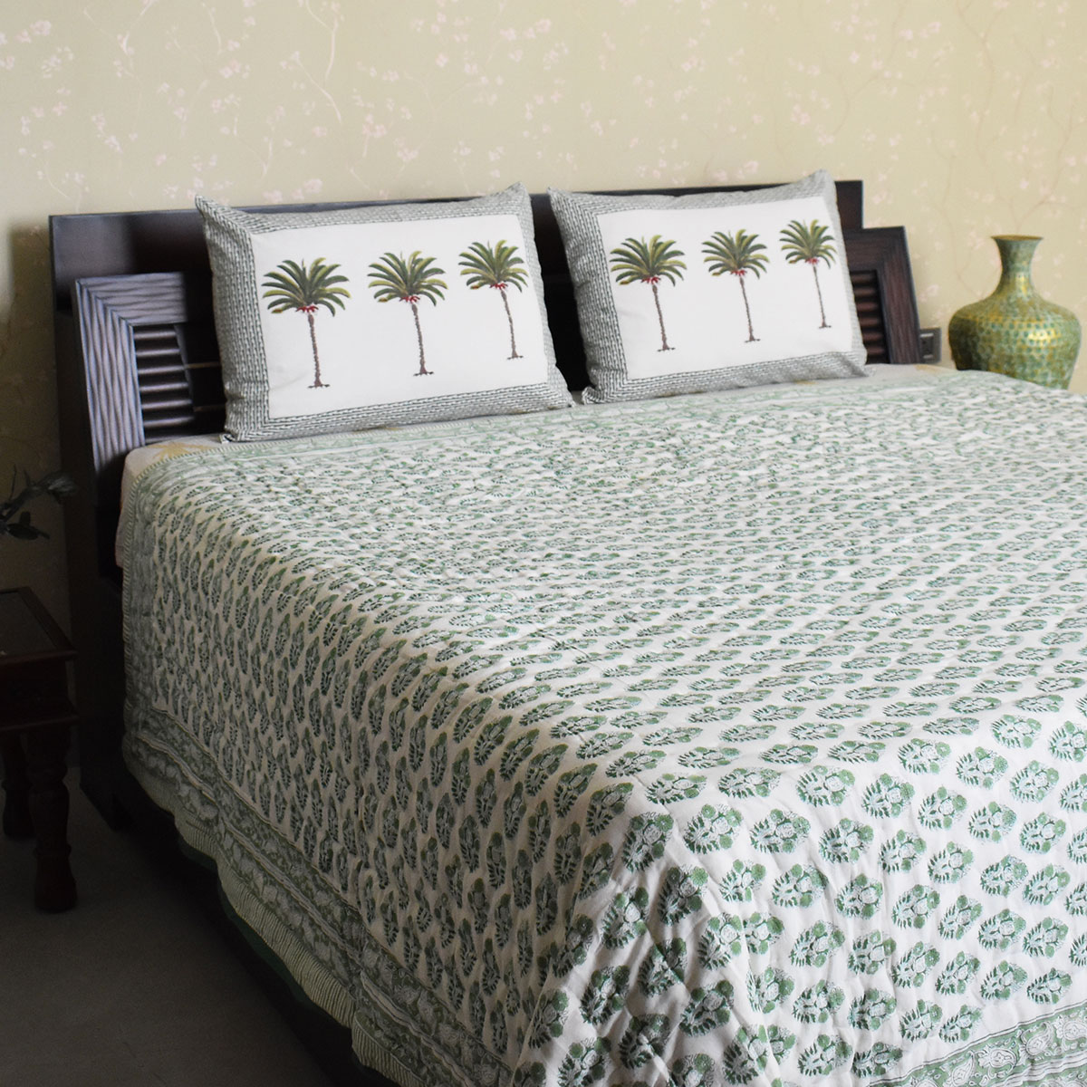 Hand Block Printed Cotton Queen Size Quilt  Boota Celadon Green Gud 100673