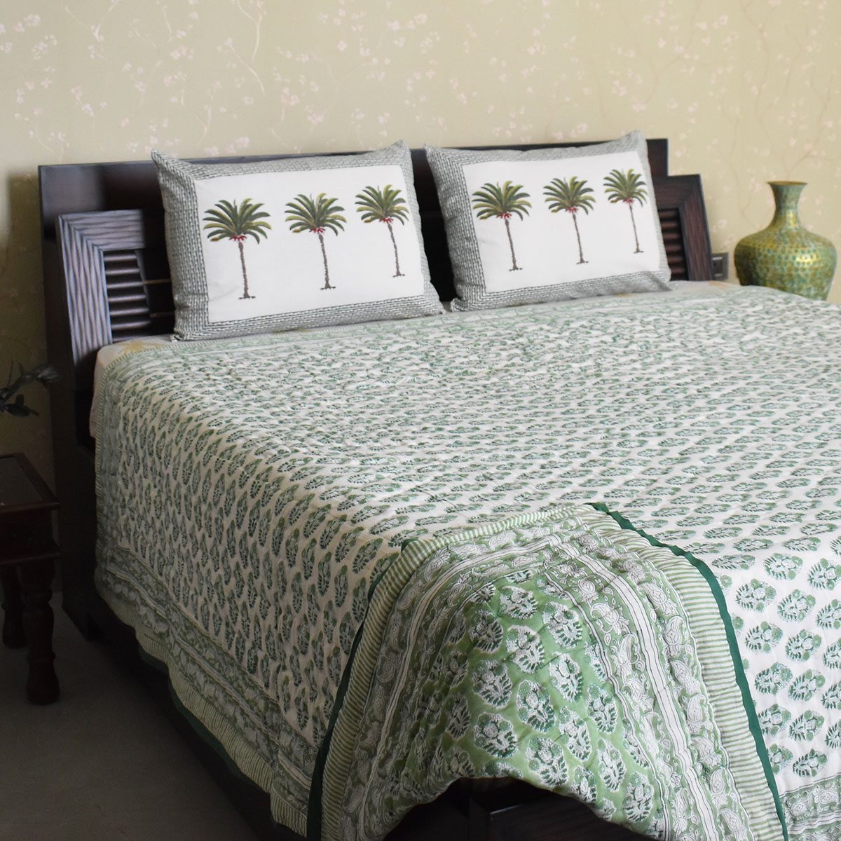 Hand Block Printed Cotton Queen Size Quilt  Boota Celadon Green Gud 100673