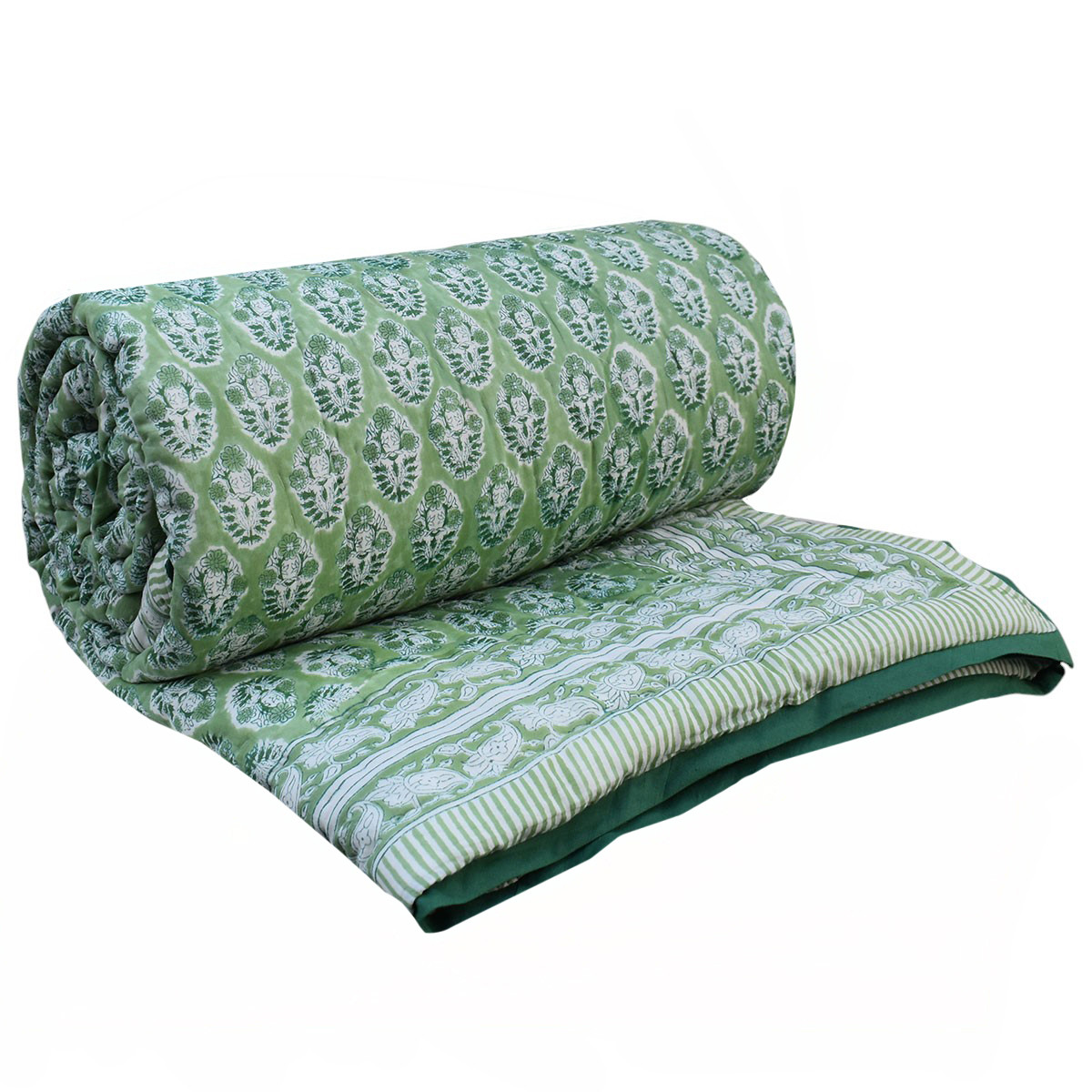 Hand Block Printed Cotton Queen Size Quilt Boota Celadon Green Gud 100673