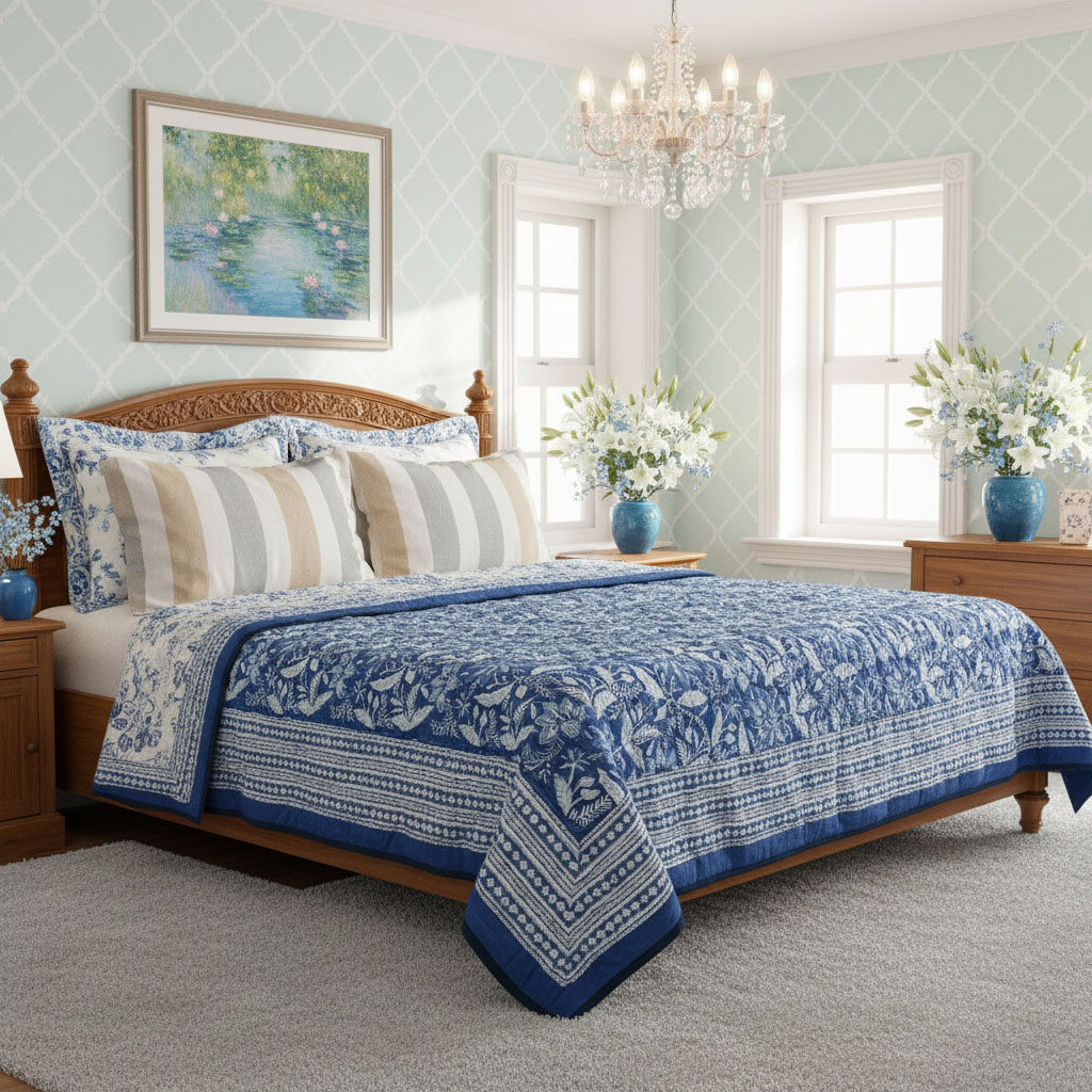 Hand Block Printed Cotton Queen Size Quilt Bossanova Blue 1624