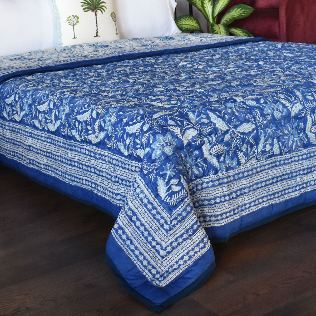 Hand Block Printed Cotton Queen Size Quilt Bossanova Blue 1624