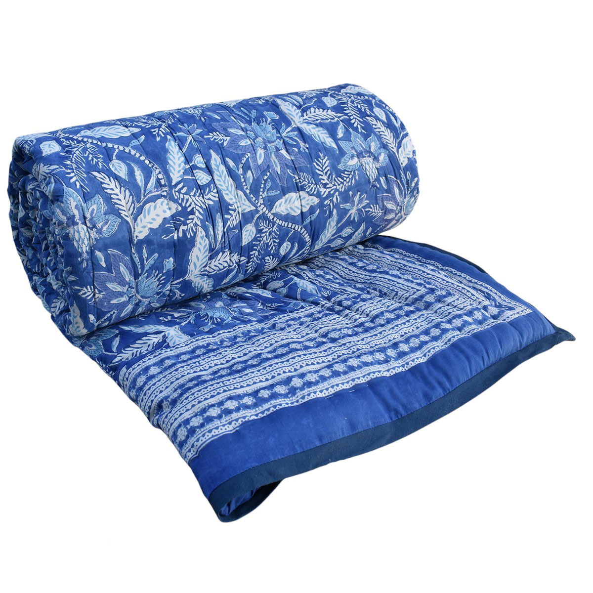Hand Block Printed Cotton Queen Size Quilt Bossanova Blue 1624