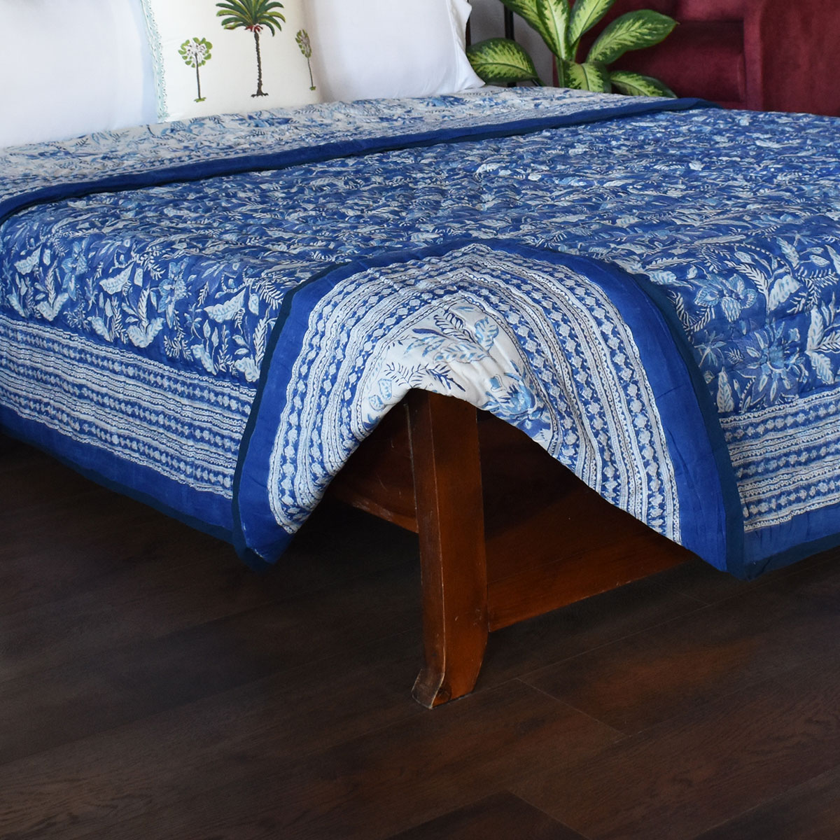 Hand Block Printed Cotton Queen Size Quilt Bossanova Blue 1624