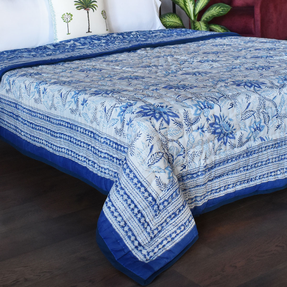 Hand Block Printed Cotton Queen Size Quilt Bossanova Blue 1624