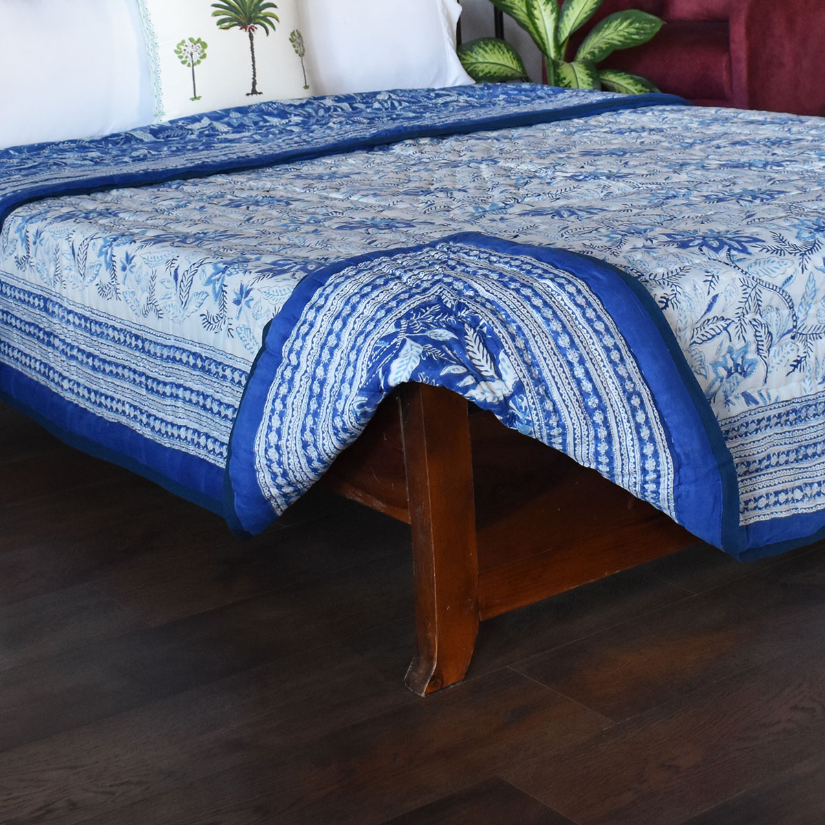 Hand Block Printed Cotton Queen Size Quilt Bossanova Blue 1624