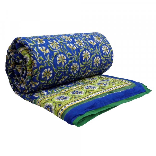 Image of Hand  Block Printed Cotton Twin Size Quilt | Chakri Blue Gud 102656