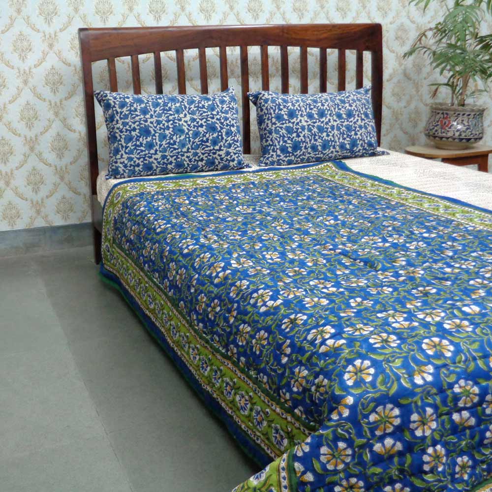 Hand  Block Printed Cotton Twin Size Quilt  Chakri Blue Gud 102656