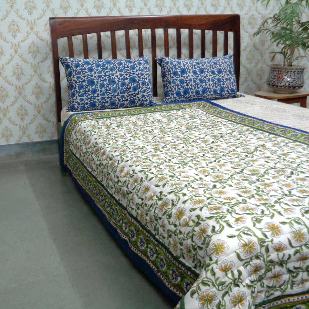 Hand Block Printed Cotton Twin Size Quilt Chakri Blue Gud 102656