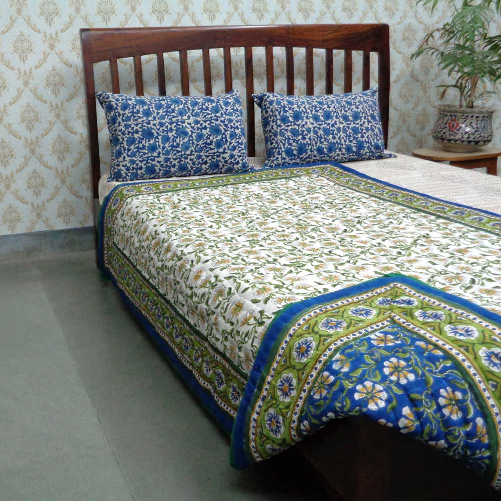 Hand Block Printed Cotton Twin Size Quilt Chakri Blue Gud 102656