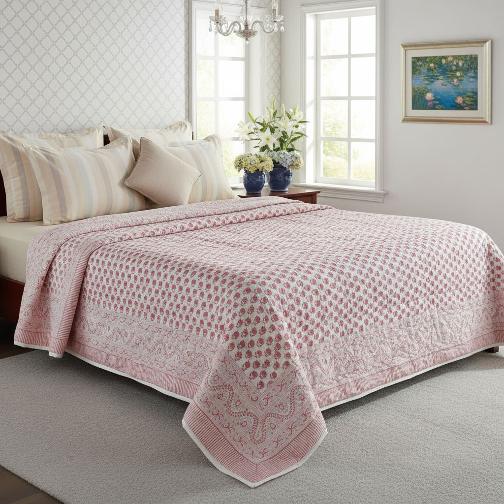 Hand Block Printed Cotton King Size Quilt Choti Booti Pink 202411