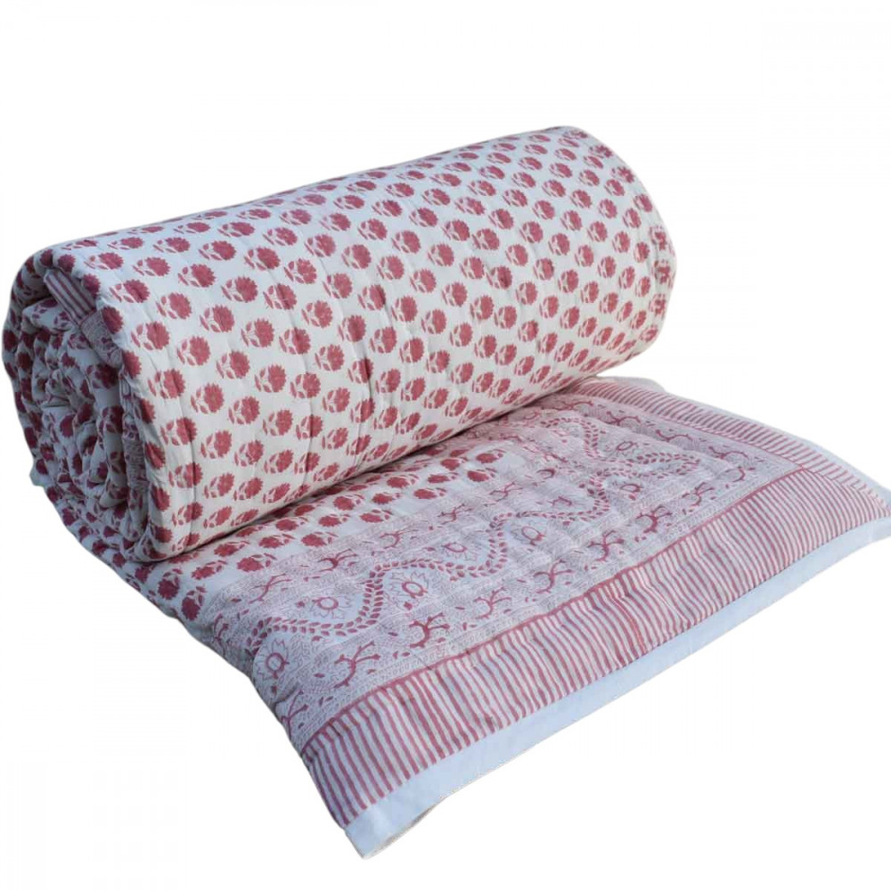 Image of Hand Block Printed Cotton Queen Size Quilt | Choti Booti Pink 202411