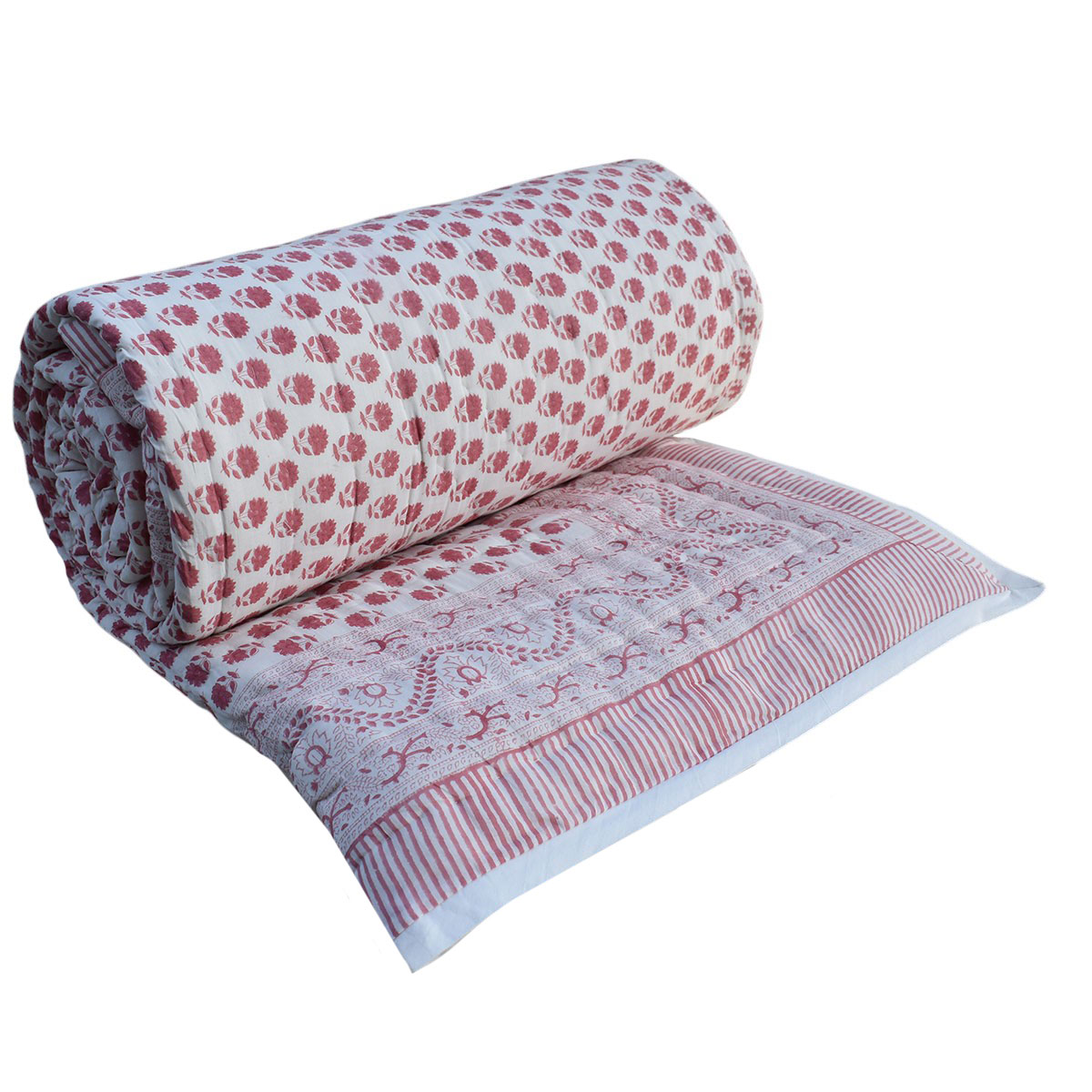 Hand Block Printed Cotton Queen Size Quilt Choti Booti Pink 202411
