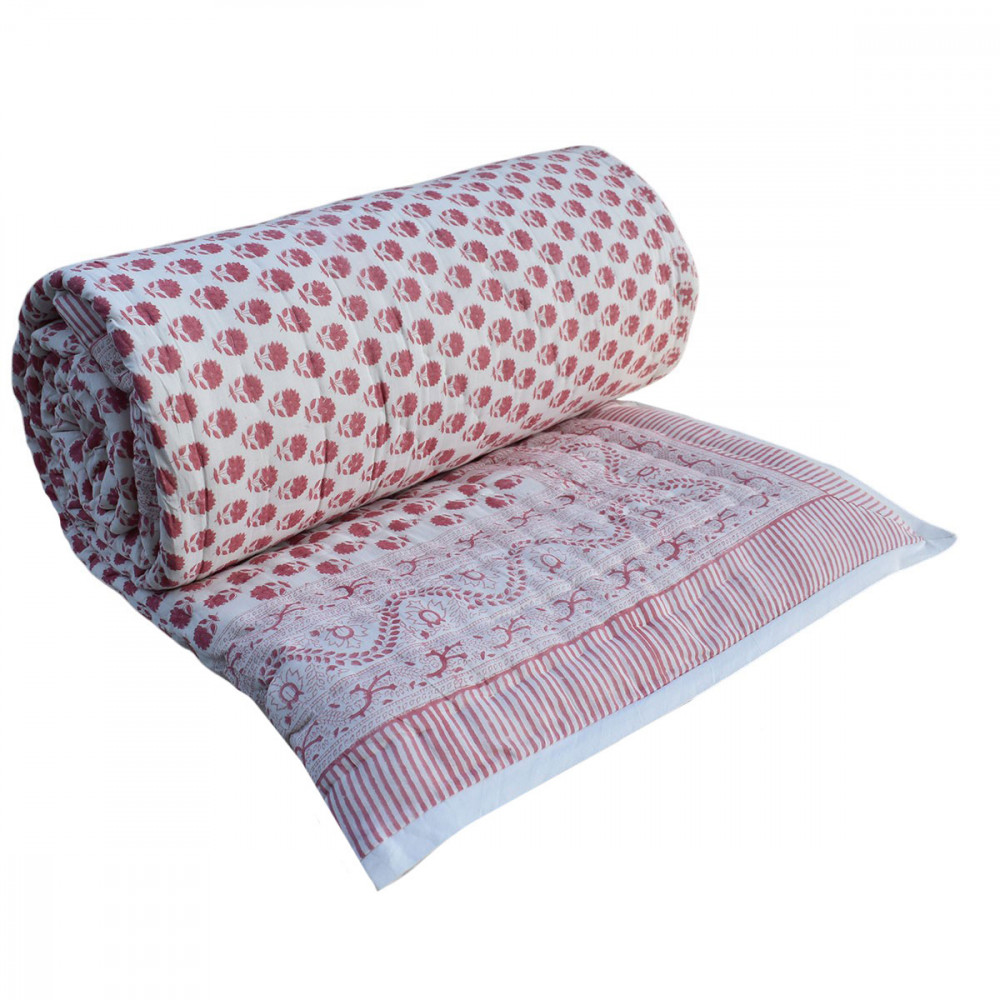 Image of Hand Block Printed Cotton Queen Size Quilt | Choti Booti Pink 202411