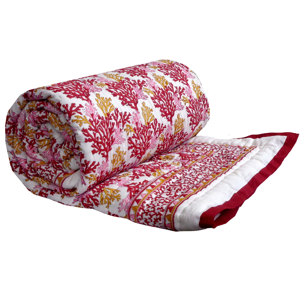 Hand Block Printed Cotton Queen Size Quilt Coral Multi Red 701927