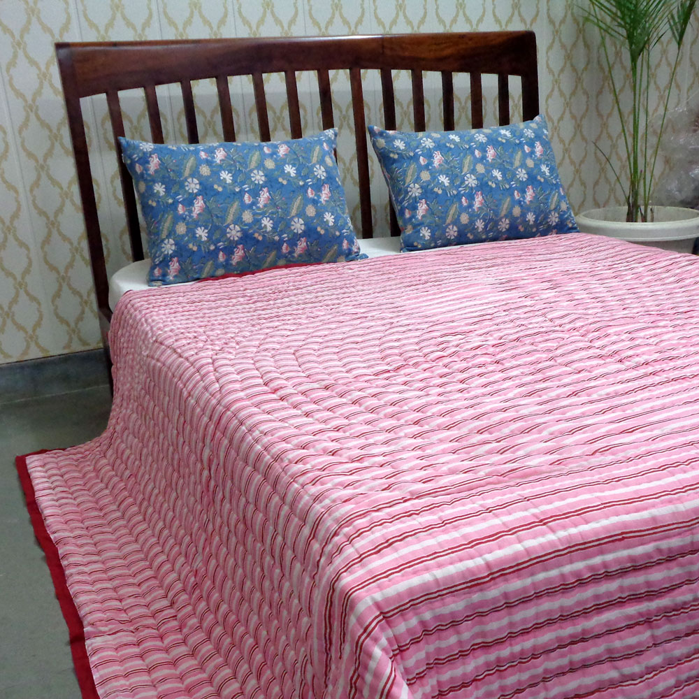 Hand Block Printed Cotton Queen Size Quilt Coral Multi Red 701927