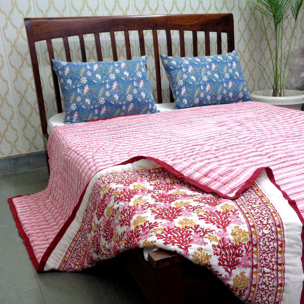Hand Block Printed Cotton Queen Size Quilt Coral Multi Red 701927
