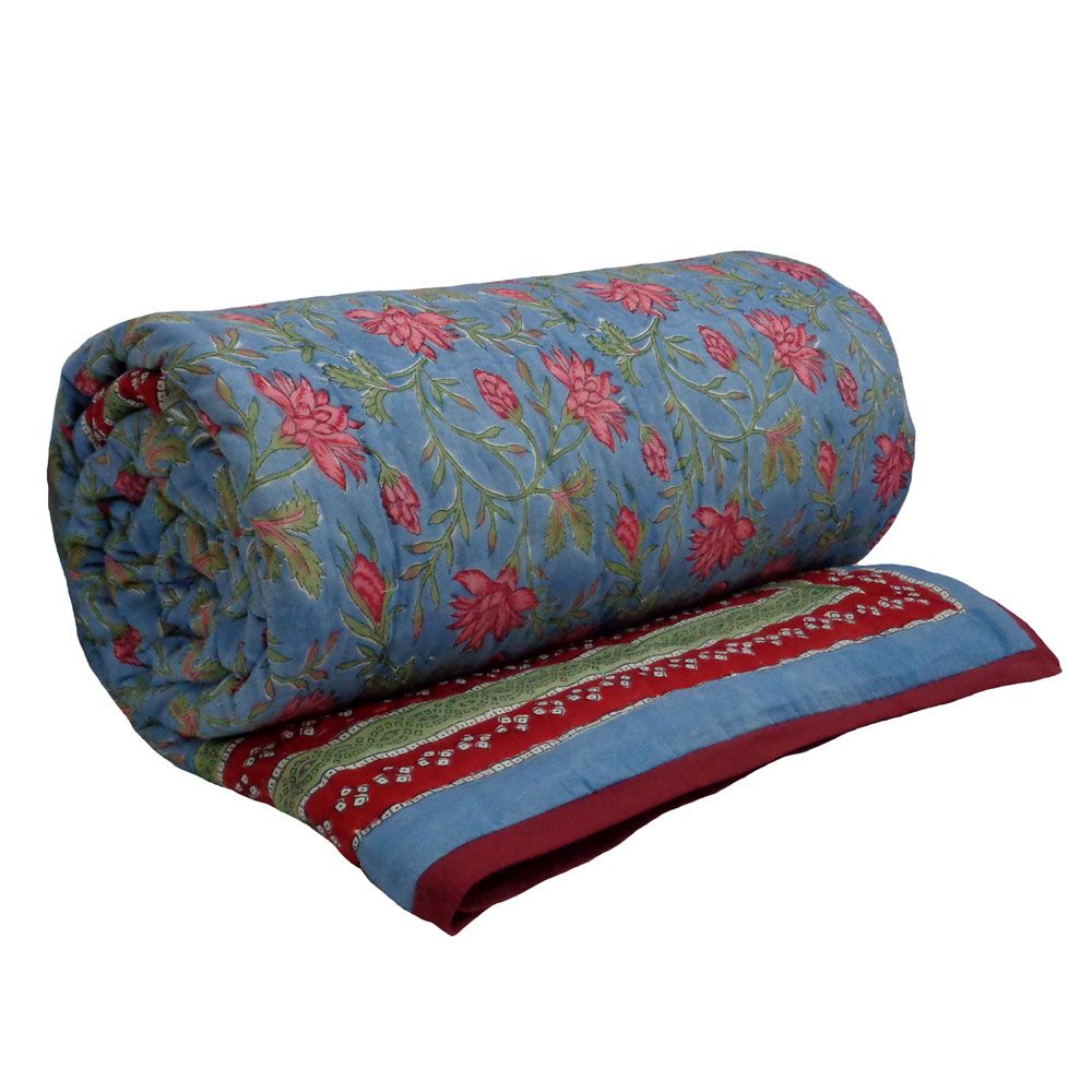 Hand Block Printed Cotton Queen Quilt Cornflower Blue Gud 104845