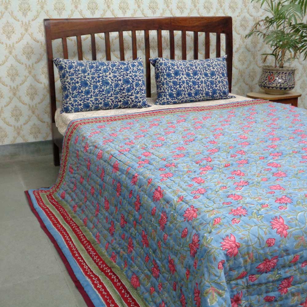 Hand Block Printed Cotton Queen Quilt Cornflower Blue Gud 104845