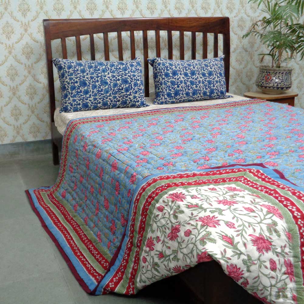 Hand Block Printed Cotton Queen Quilt Cornflower Blue Gud 104845