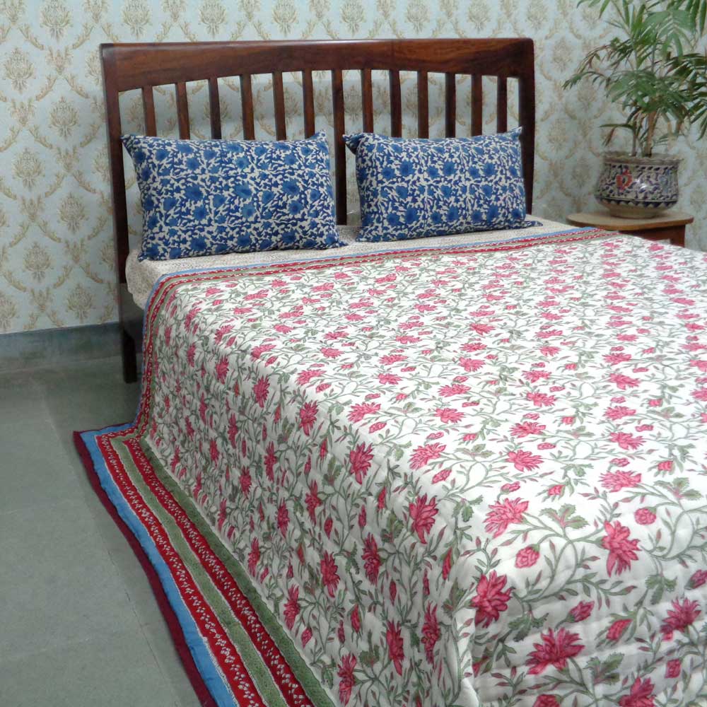 Hand Block Printed Cotton Queen Quilt Cornflower Blue Gud 104845