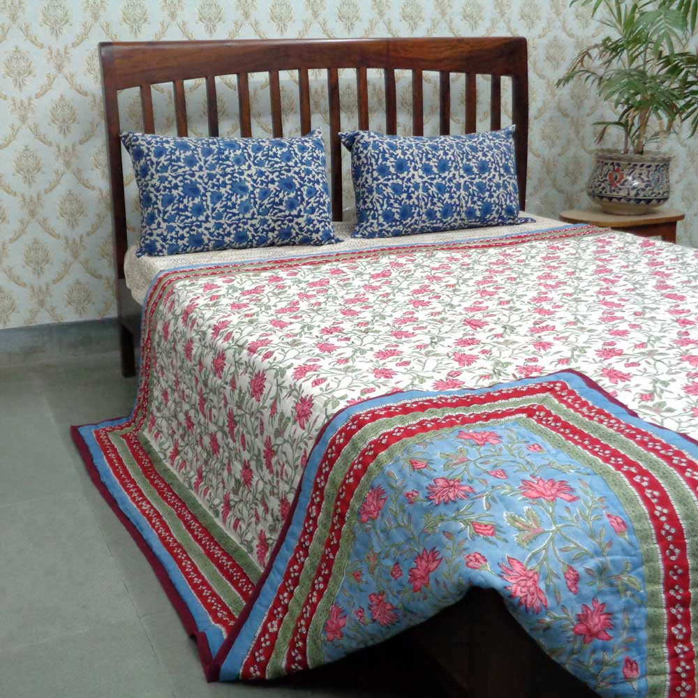 Hand Block Printed Cotton Queen Quilt Cornflower Blue Gud 104845