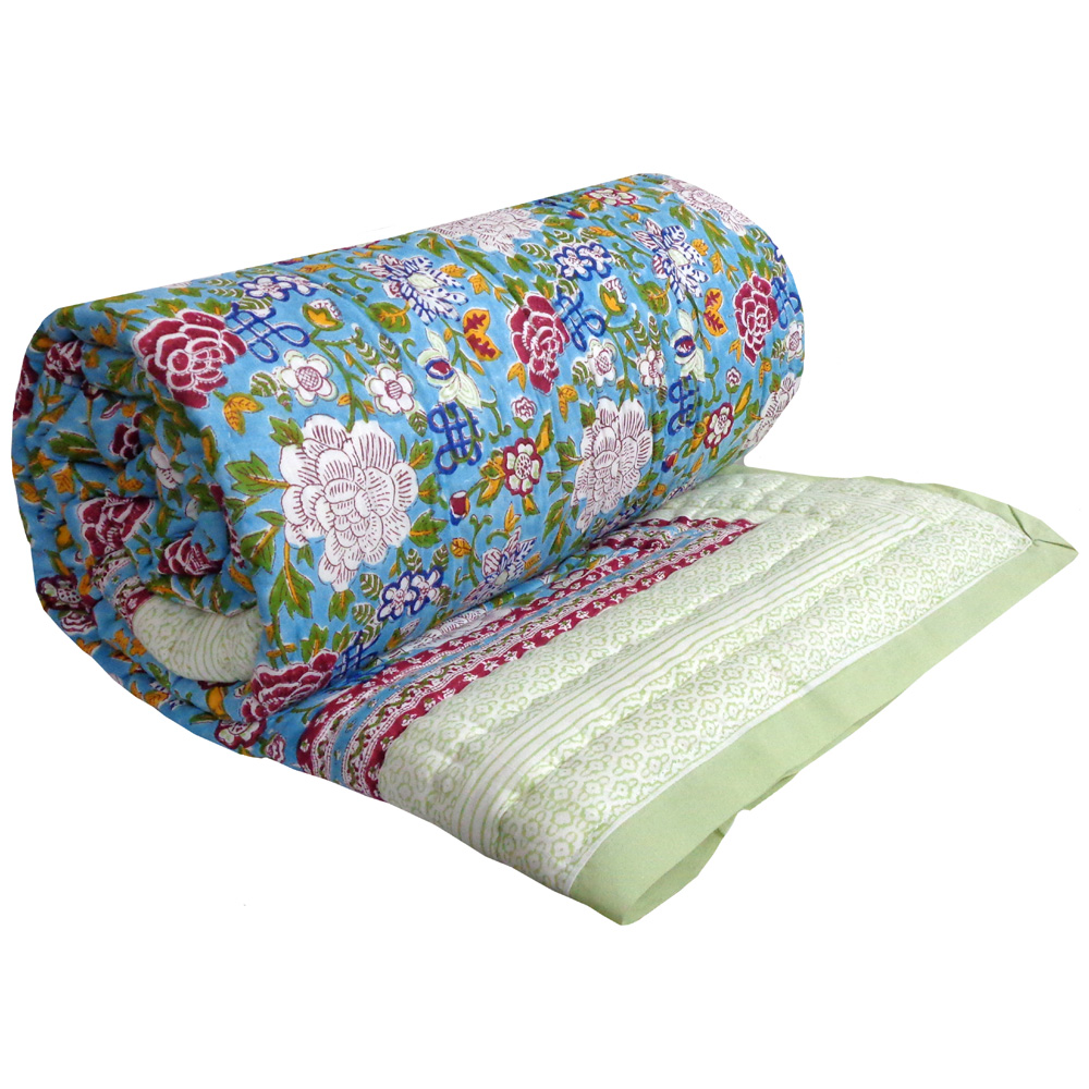 Hand Block Printed Cotton King Size Quilt Floral Canvas Blue Jade Gud 206865