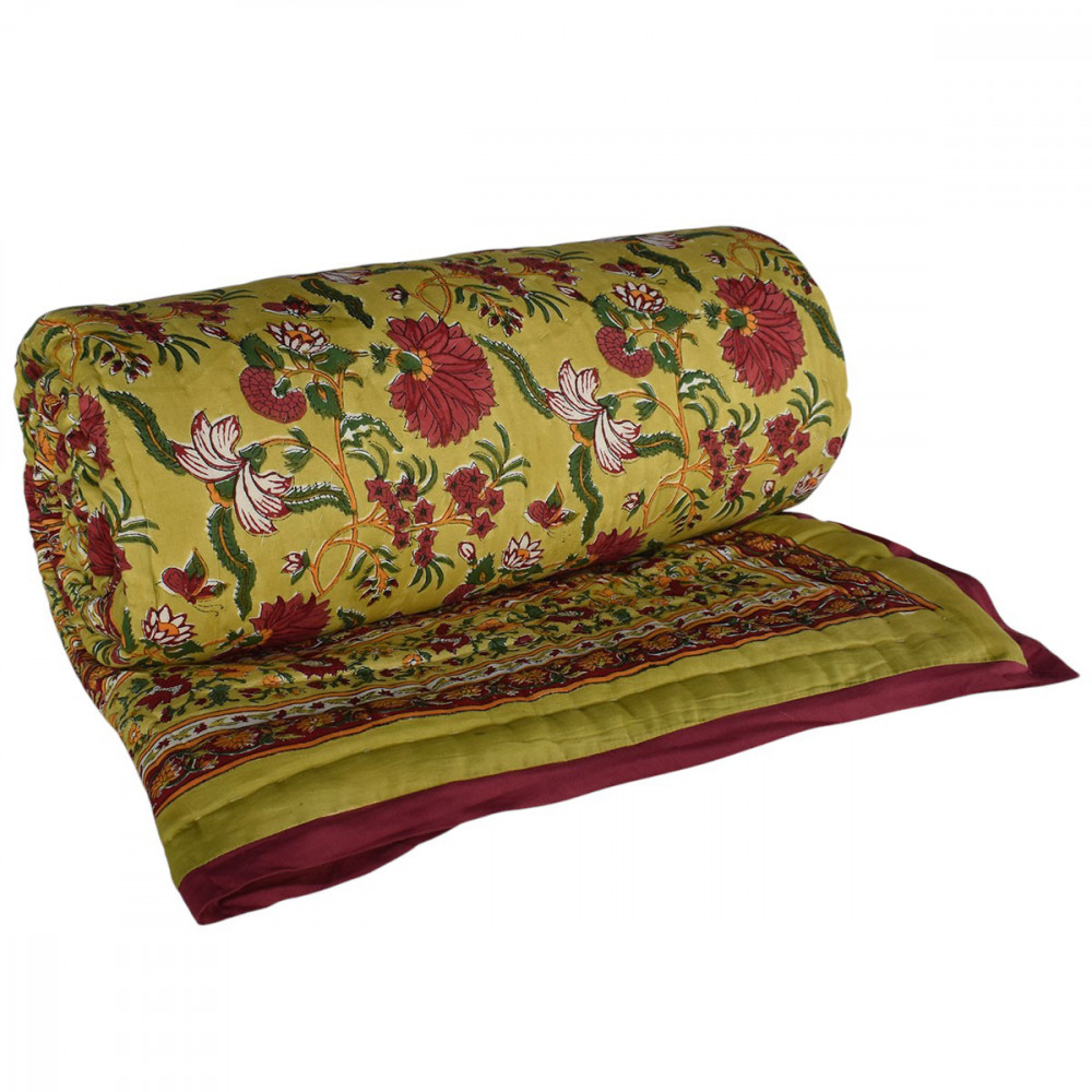 Image of Queen Size Soft Cotton Quilt Handmade | Flower Blossom Canary 102799