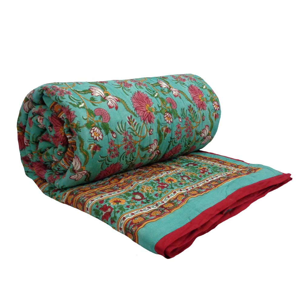 Handmade Block Printed Cotton Queen Quilt  Flower Blossom Jade 1666