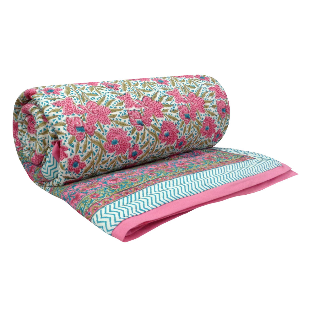 Hand Block Printed Cotton Queen Size Quilt Flower Candy 103451