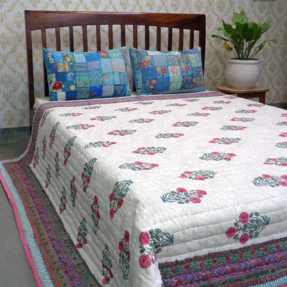 Hand Block Printed Cotton Queen Size Quilt Flower Candy 103451