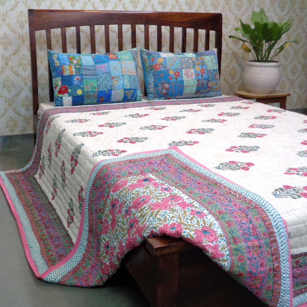 Hand Block Printed Cotton Queen Size Quilt Flower Candy 103451