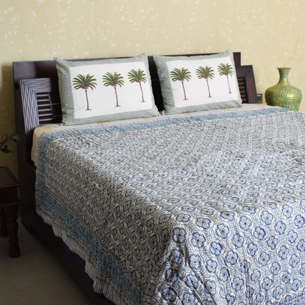 Hand Block Printed Cotton Queen Size Quilt  Geo Cross Blue 906779