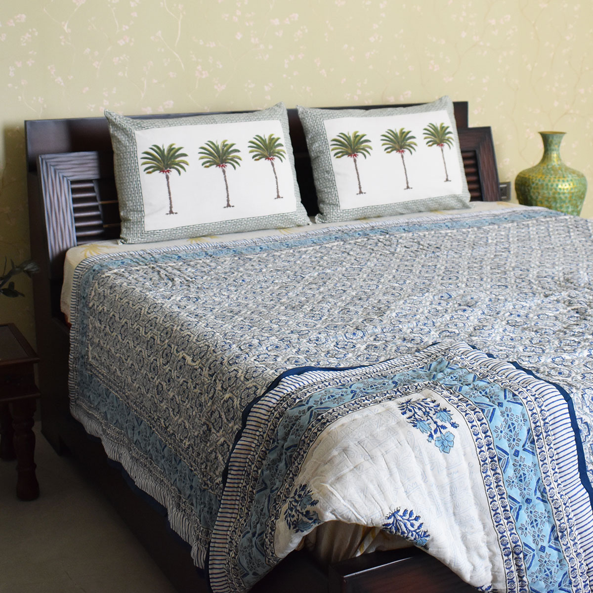 Hand Block Printed Cotton Queen Size Quilt  Geo Cross Blue 906779