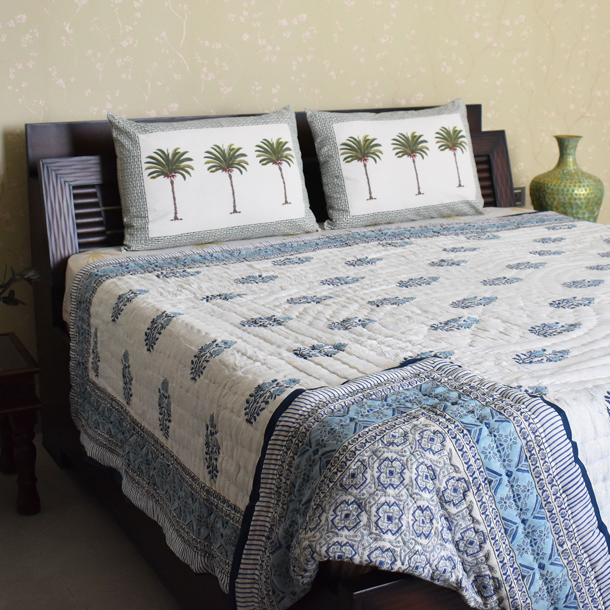 Hand Block Printed Cotton Queen Size Quilt  Geo Cross Blue 906779