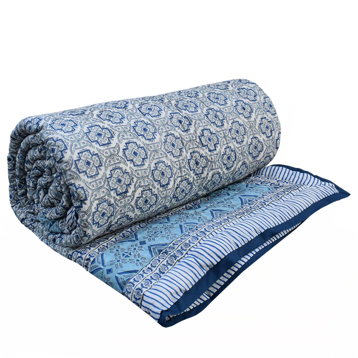 Hand Block Printed Cotton Queen Size Quilt  Geo Cross Blue 906779