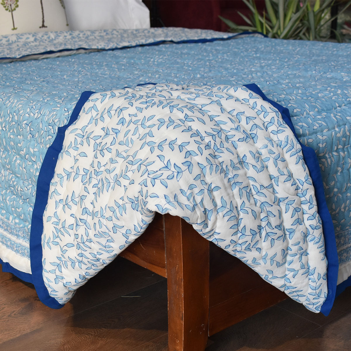 Hand Block Printed Cotton Queen Size Quilt Harmony Blue 260416