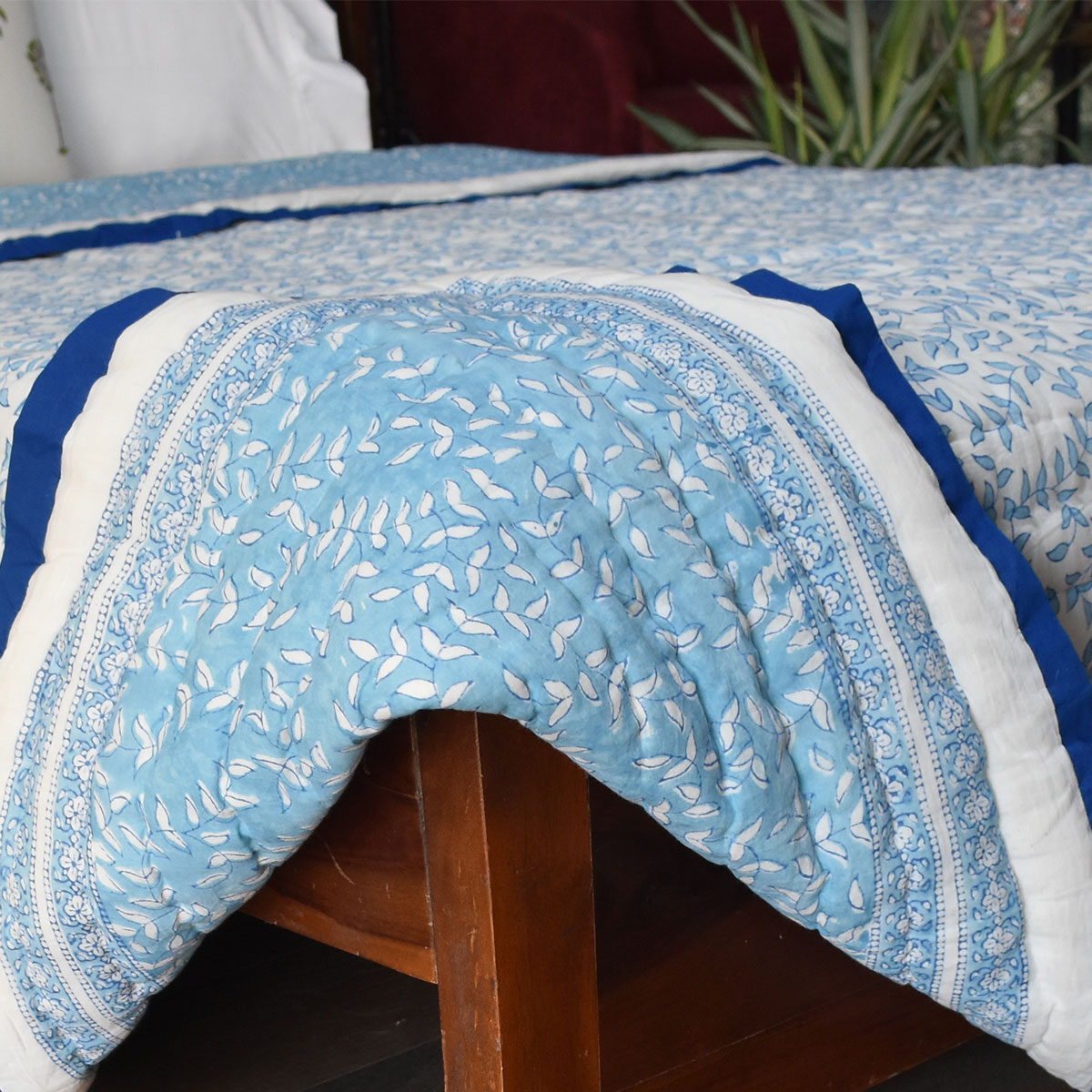 Hand Block Printed Cotton Queen Size Quilt Harmony Blue 260416